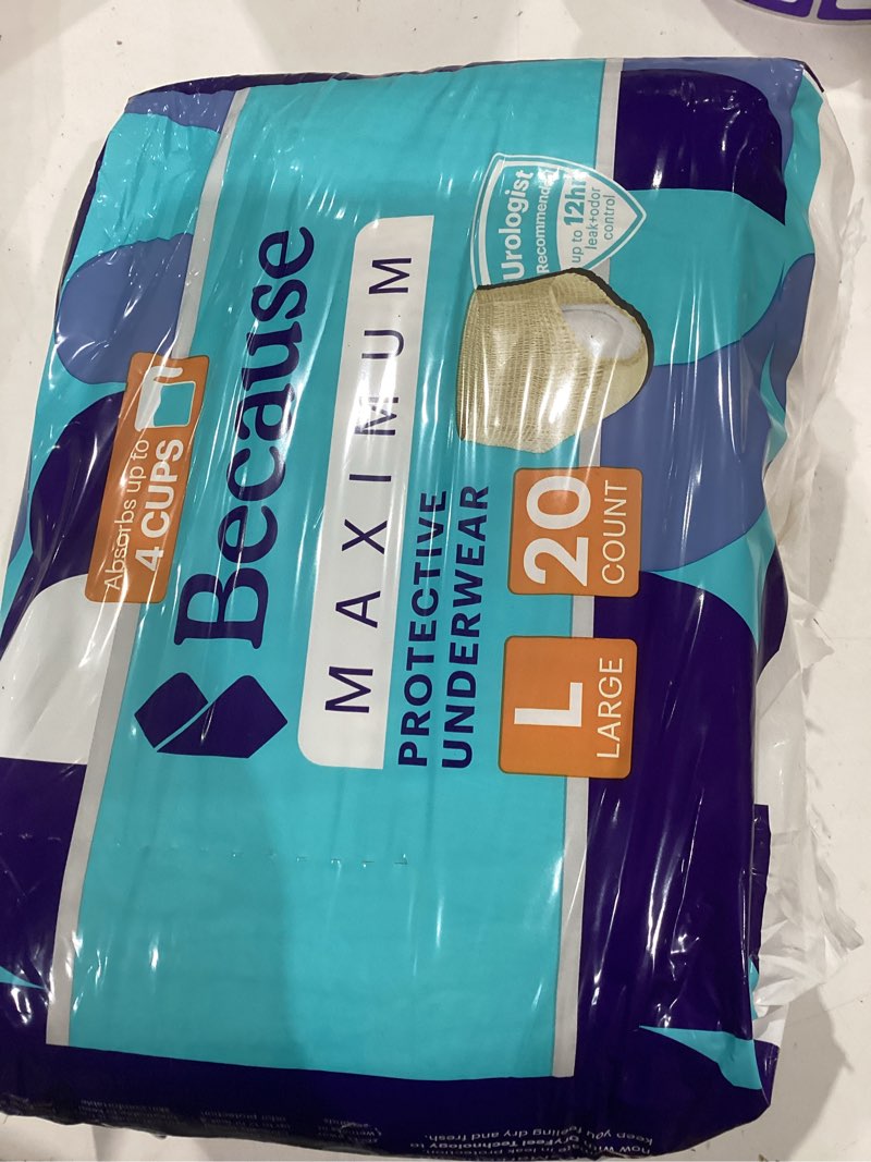 Condition photo showing Good Condition for because discreet maximum adult incontinence & postpartum underwear for women, high absorbency, disposable, absorbs up to 4 cups, beige, large, 20 large (20 count) beige