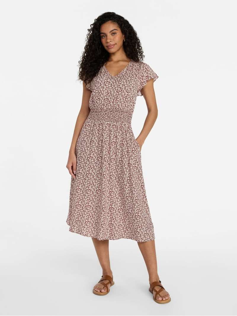Time and Tru Women’s and Women’s Plus Smocked Waist Midi Dress with Flutter Sleeves Size XL