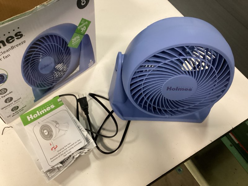 Condition photo showing New/Like New for holmes blizzard 3-speed air circulator fan, 90° adjustable tilt, removable grill, blue, 14441
