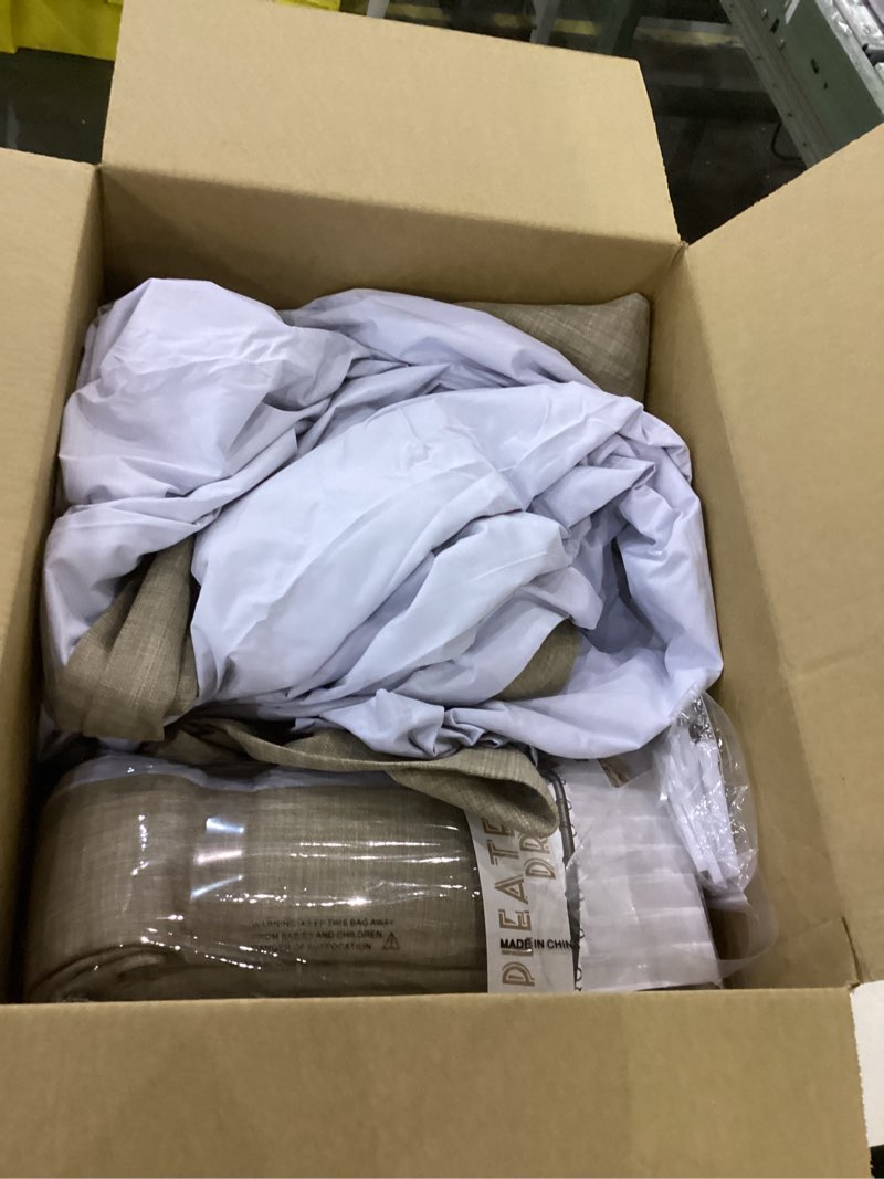 Condition photo showing New/Like New for Extra Wide 70 Inch Natural Linen Double Layer Curtains 96 Inches Long for Sliding Glass Door 2 Panels Set, Memory Trained Pinch Pleated Blackout Noise Reducing Modern Windows Curtain Dark Brown Linen 70"W x 96"L (Pack of 2)