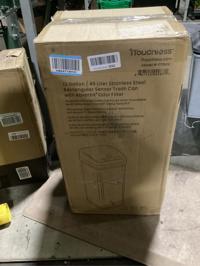 Condition photo showing As Is for itouchless 13 gallon sensor kitchen trash can with lid and odor filter, stainless steel trashcan ext