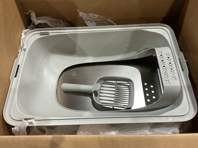 Condition photo showing As Is for not exact but similar to stainless steel cat litter box, odor free metal litter box with high sides lid, open top low entry litter pan include scoop easy cleaning anti-scratch kitty cat box anti-urine leakage, non-sticky, m medium light grey(17.5 in)