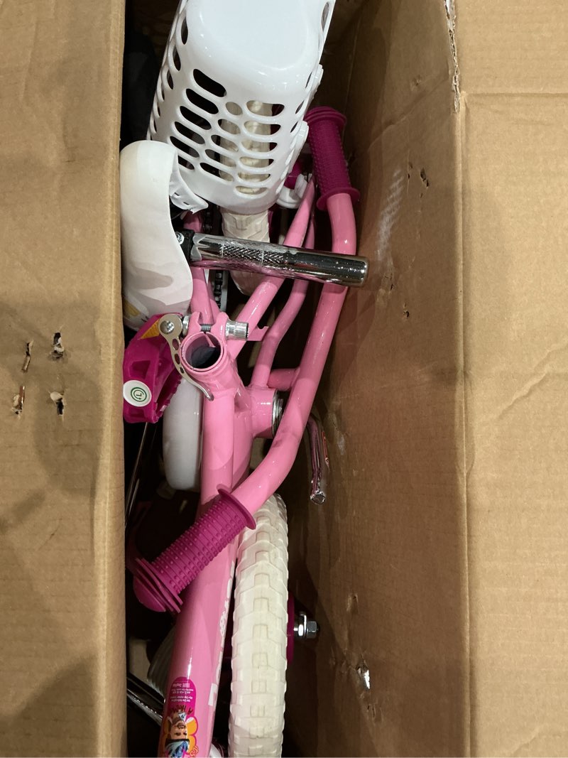 Condition photo showing As Is for joystar 10 & 12 inch kids bike for boys and girls ages 1-4 years, toddler bike with training wheels & basket, detachable parent push handle, kids pedal bike, multiple pink