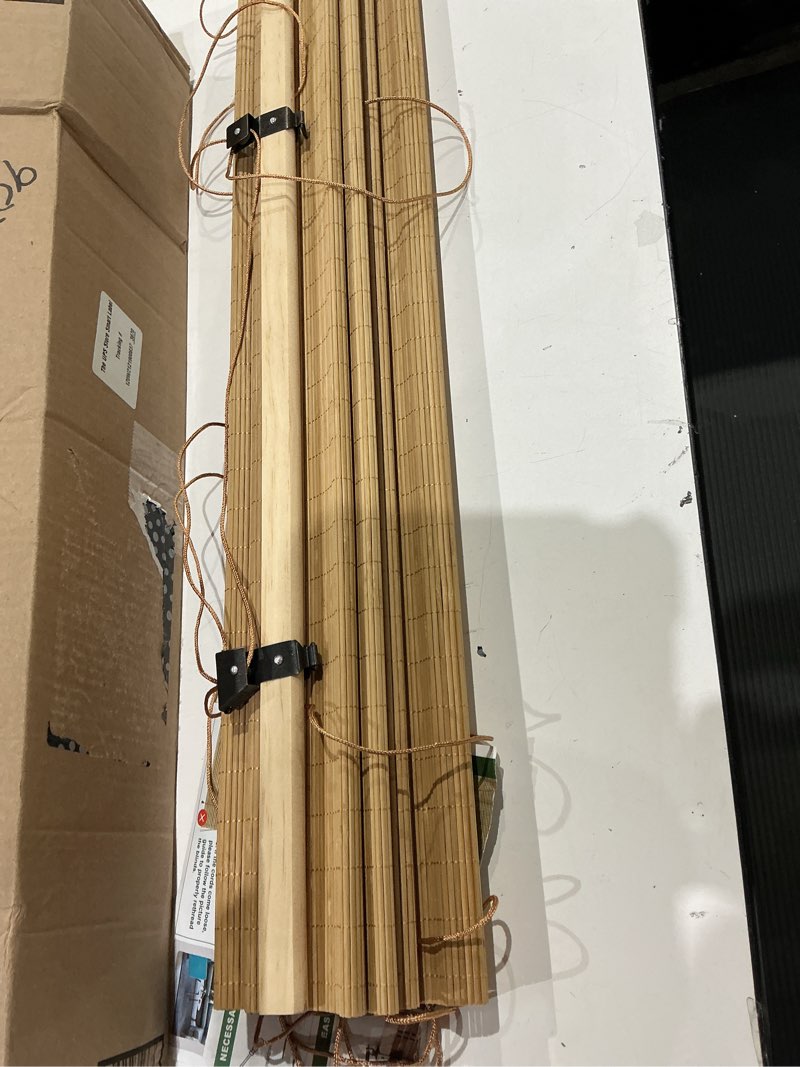 Condition photo showing As Is for bamboo blinds for interior windows, easy to install bamboo shades for indoor windows, custom roller shades for indoor window and outdoor patio, 23" w x 48" h bamboo carbonized broad 23"w x 48"h