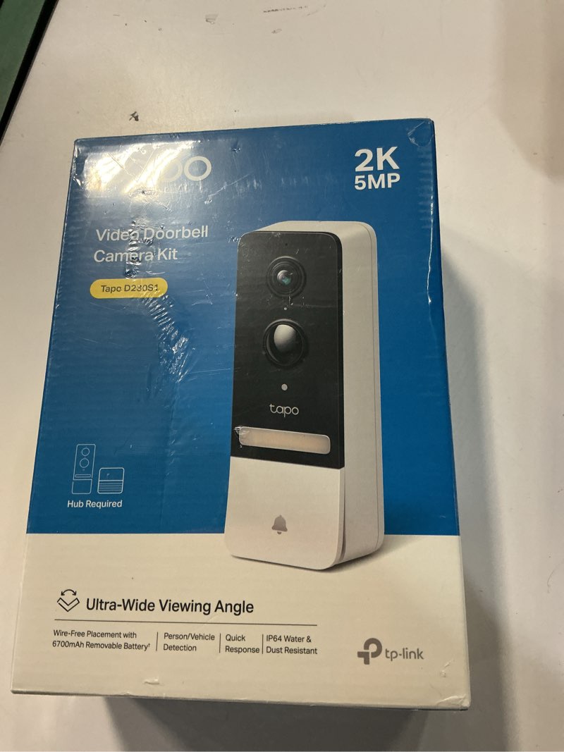 Condition photo showing New/Like New for tapo tp-link smart video doorbell camera, chime included, 2k 5mp, color night vision, 2-way audio, free ai detection, cloud/sd card storage, works w/alexa & google home, d230s1 battery powered, w/ chime