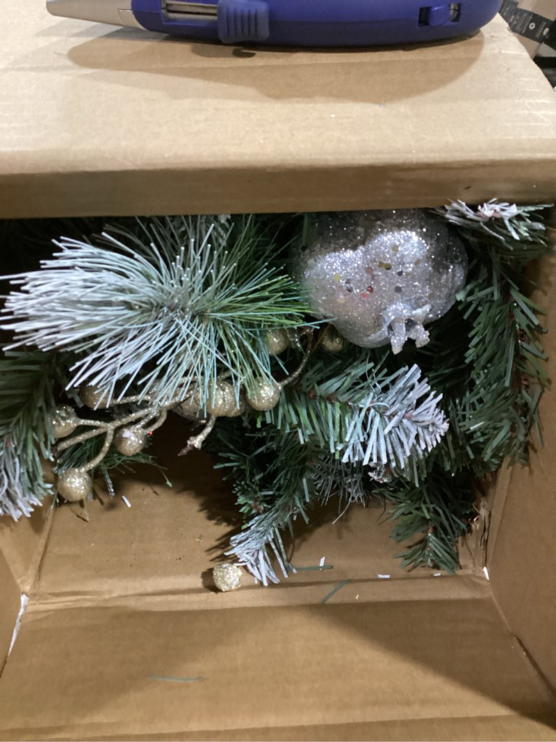 Condition photo showing Good Condition for National Tree Company Pre-Lit Artificial Christmas Garland, Green, Pomegranate Pine, White Lights, Decorated With Ball Ornaments, Berry Clusters, Plug In, Christmas Collection, 9 Feet