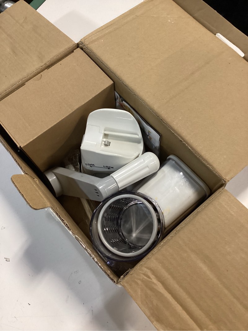 Condition photo showing Good Condition for cambom rotary cheese grater hand crank cheese shredder for fresh cheese, vegetable, nuts,non-slip suction base,three blades,white 3 blades white