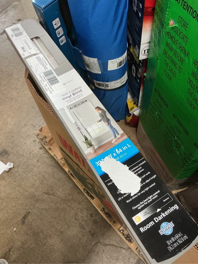 Condition photo showing As Is for mainstays 1" cordless room darkening vinyl blinds, white, 30"w x 64"l
