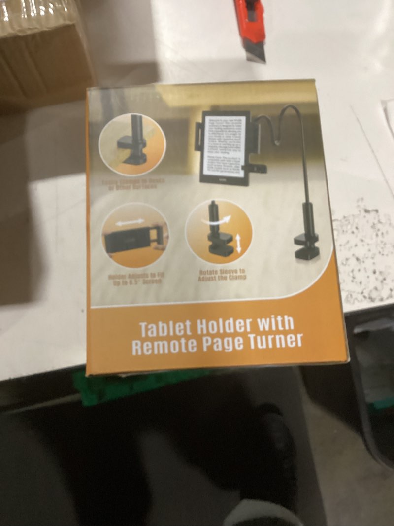 Condition photo showing As Is for kindle holder with remote page turner, kindle stand for bed reading, no text blocked 6mm clip, no margin adjustments, whisper-quiet page turns, fits 4.7-10" devices (paperwhite/oasis, ipad/iphone)