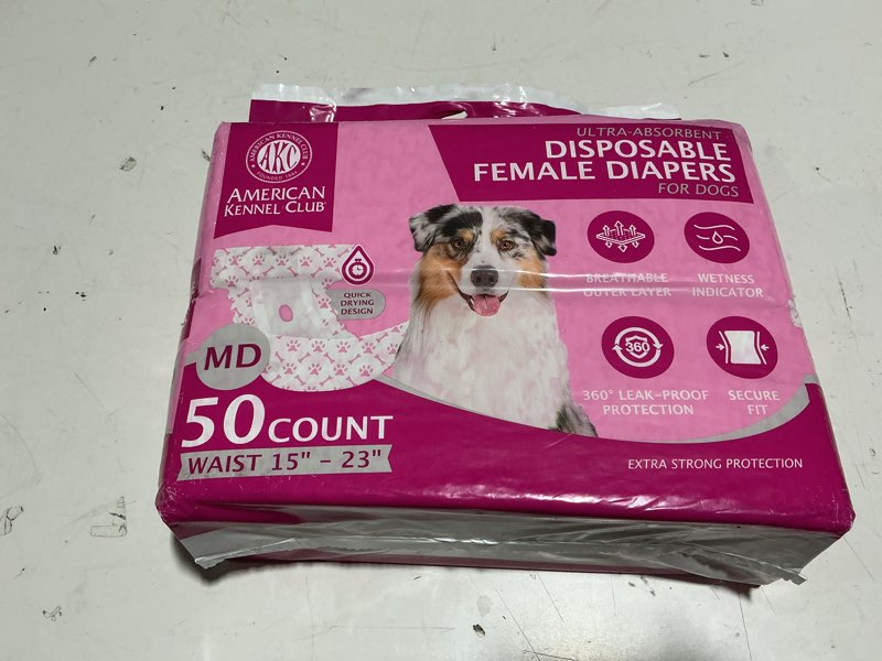 Condition photo showing New/Like New for American Kennel Club Female Dog Wrap, Disposable Diapers with Wetness Indicator, Medium, 50 Count MD Waist Size 15 - 23 in