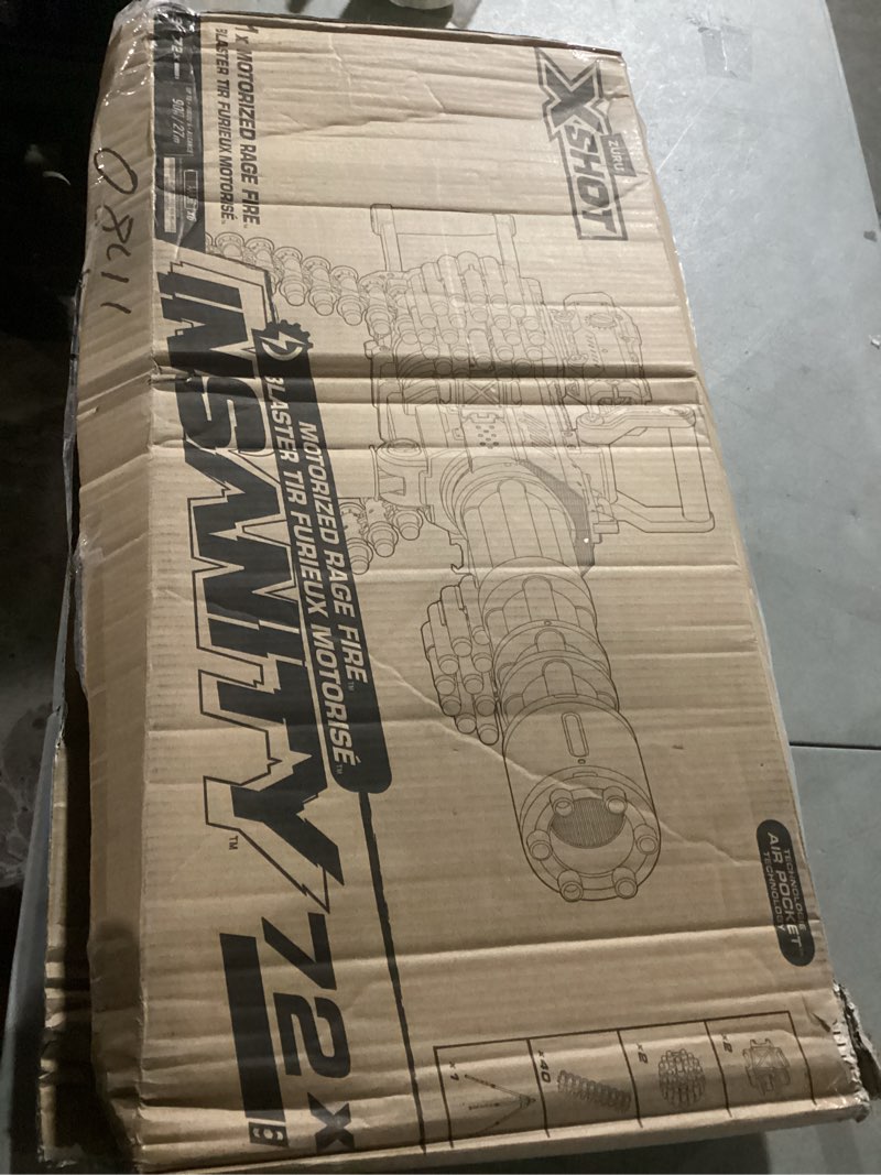Condition photo showing As Is for x-shot insanity motorized rage fire by zuru 72 darts, air pocket technology darts, dart storage, blasting power, auto feeding belt, tripod & scope, outdoor toy for boys, girls, teens, adults