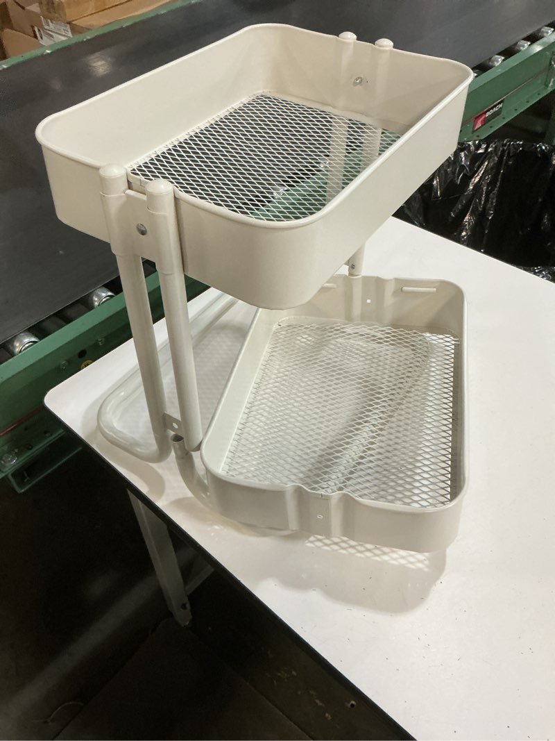 Condition photo showing As Is for amazon basics 3-tier rolling utility cart, storage organizer, lockable wheels, multifunctional storage, portable mobile shelving unit, white