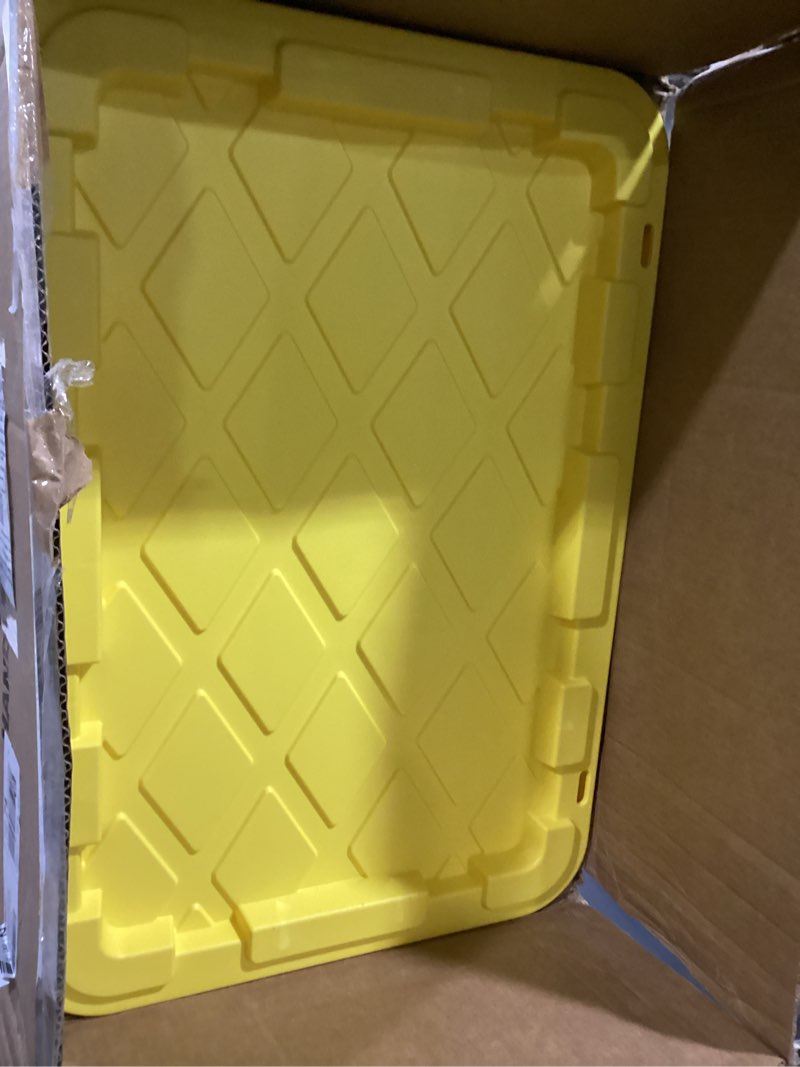 Condition photo showing As Is for sterilite 6-pack stackable storage bins, heavy duty totes w/ lids, 17 gallon, black/yellow