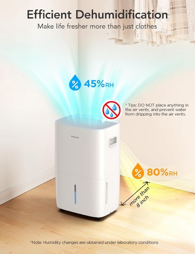 goveelife dehumidifier for home 4,500 sq.ft, 50 to 137 pint smart auto humidity control, drain hose, 2.0gal bucket, compressor dehumidifiers for basement with auto shut off, bathroom, garage, w/wifi