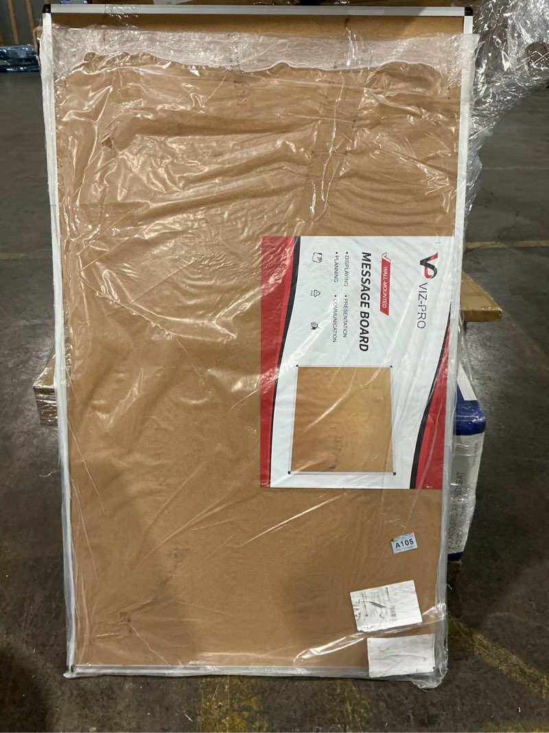 Condition photo showing As Is for VIZ-PRO Large Cork Bulletin Board, 60 X 36 Inches, Wall-Mounted Corkboard with Silver Aluminium Frame for School, Office, and Home 5' X 3'