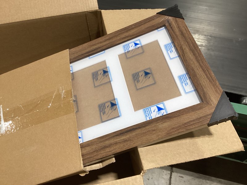 Condition photo showing New/Like New for 8x20 picture frame display 4 opening 4x6 picture frame collage,multi photo frame with mat,plexiglass,wall or tabletop decor,carbonized brown wood grain carbonized brown 8x20 - (4 open4x6?