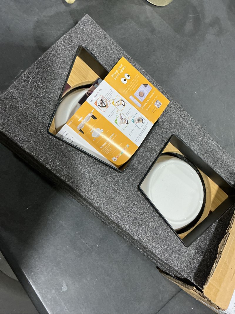 Condition photo showing Good Condition for Elevated Cat Bowl Stand for Food and Water – Anti-Vomit Raised Feeding Station with Tilted Stand – Removable Round Ceramic Bowls, Anti Slip Bamboo Base, Dishes for Cats, Kitten, Small Dogs & Puppies Ceramic Round Bowl with Stand