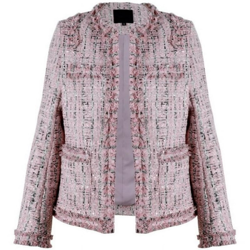 Chouyatou Women's Elegant Open Front Round Neck Fringed Plaid Checkered Tweed Jacket Fashion Casual Plaid Outerwear(X-Small,Pink)