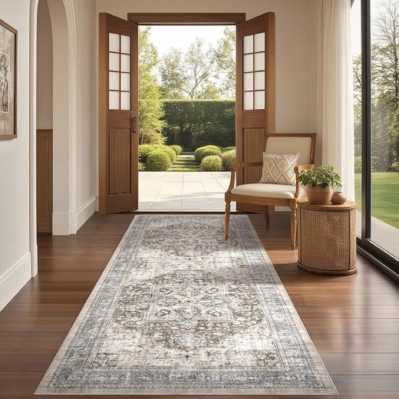 ( similar) Tortania Area Rug 3x8 Runner Rugs - Washable Vintage Oriental Farmhouse Thin Indoor Carpet for Living Room Bedroom Hallway Entryway Kitchen Under Dining Table Home Office - Brown 