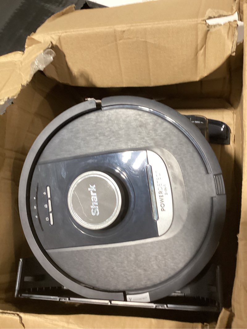 Condition photo showing As Is for Shark Robot Vacuum & Mop Combo, PowerDetect NeverTouch, Self-Emptying & Self-Refilling, 60-Day Debris Capacity, 30-Day Refill Tank, Pad Dry, 5 Intelligent PowerDetect Cleaning Technologies, RV2820YE Wet+Dry & 30-Day Self-Refilling - Grey
