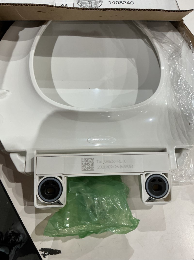 Condition photo showing As Is for kohler 4636-rl-0 cachet readylatch elongated toilet seat slow close, soft close toilet seat quiet lid, contoured grip-tight bumpers installation hardware, apartment essentials, white white elongated ready latch