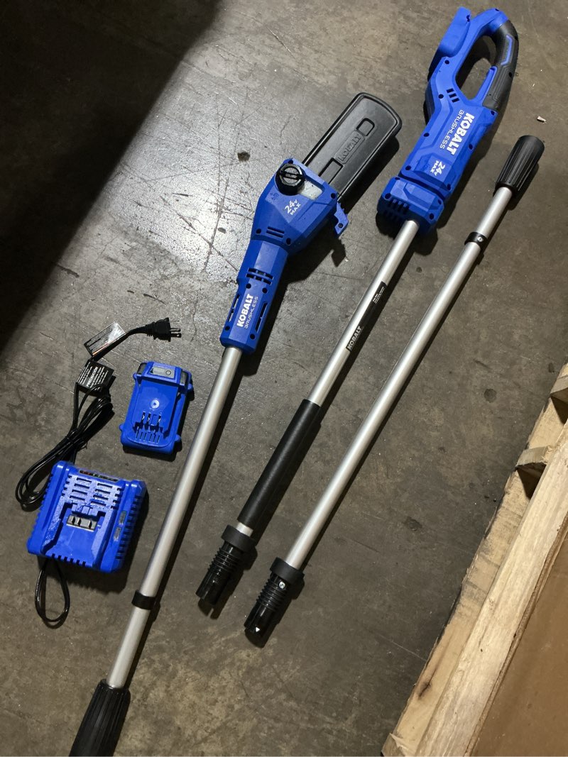Condition photo showing As Is for kobalt 24-volt 8-in 2 ah electric pole saw battery included , charger included