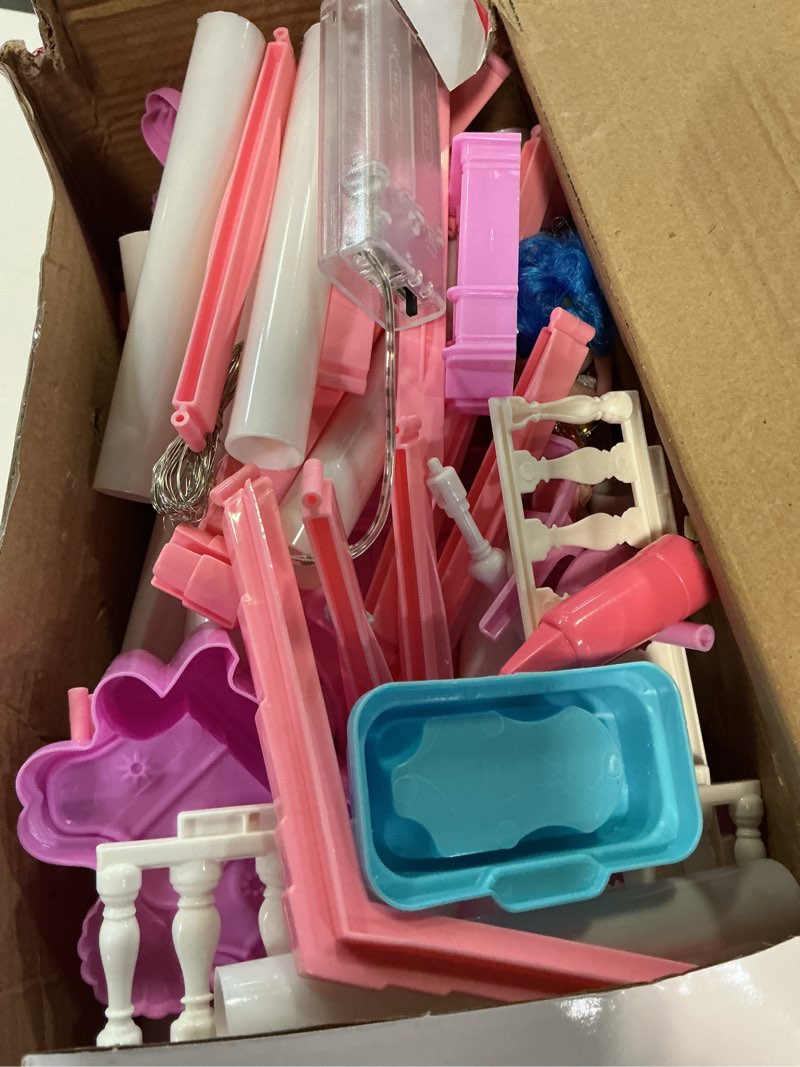 Condition photo showing As Is for large doll house for girls 3-12 years old 11 rooms dream dollhouse with lights, play mat, dolls, furniture & rich accessories, perfect birthday for kids