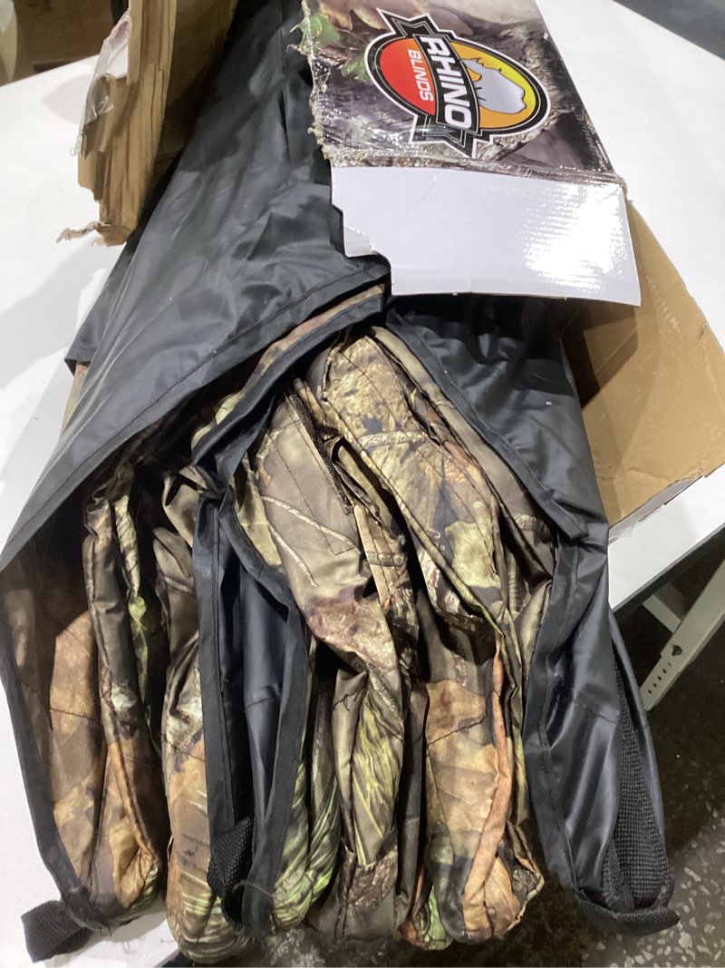 Condition photo showing item condition for rhino blinds r100-moc tough 2 person outside game deer and turkey hunting pop-up ground blind, breakup country camouflage