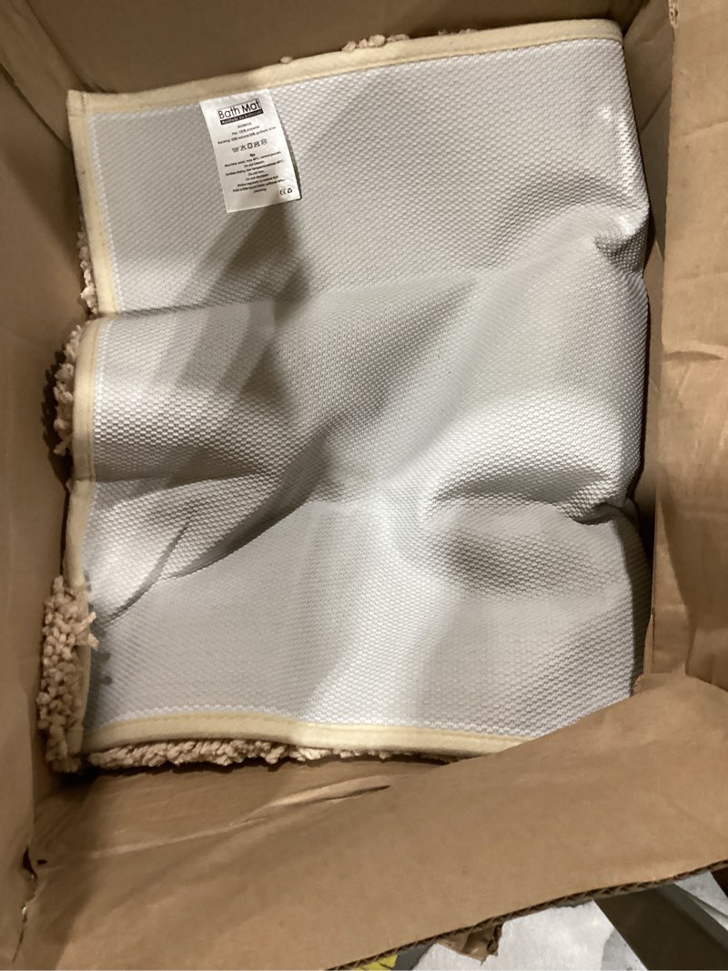 Condition photo showing As Is for ilango beige bathroom rugs 32" × 20" non slip & super absorbent extra thick soft, washable bath mat for floor, microfiber plush shaggy bath rug with rubber for bathtub shower room sink beige 1'8" x 2'8" (20''x32'' bathroom rug)