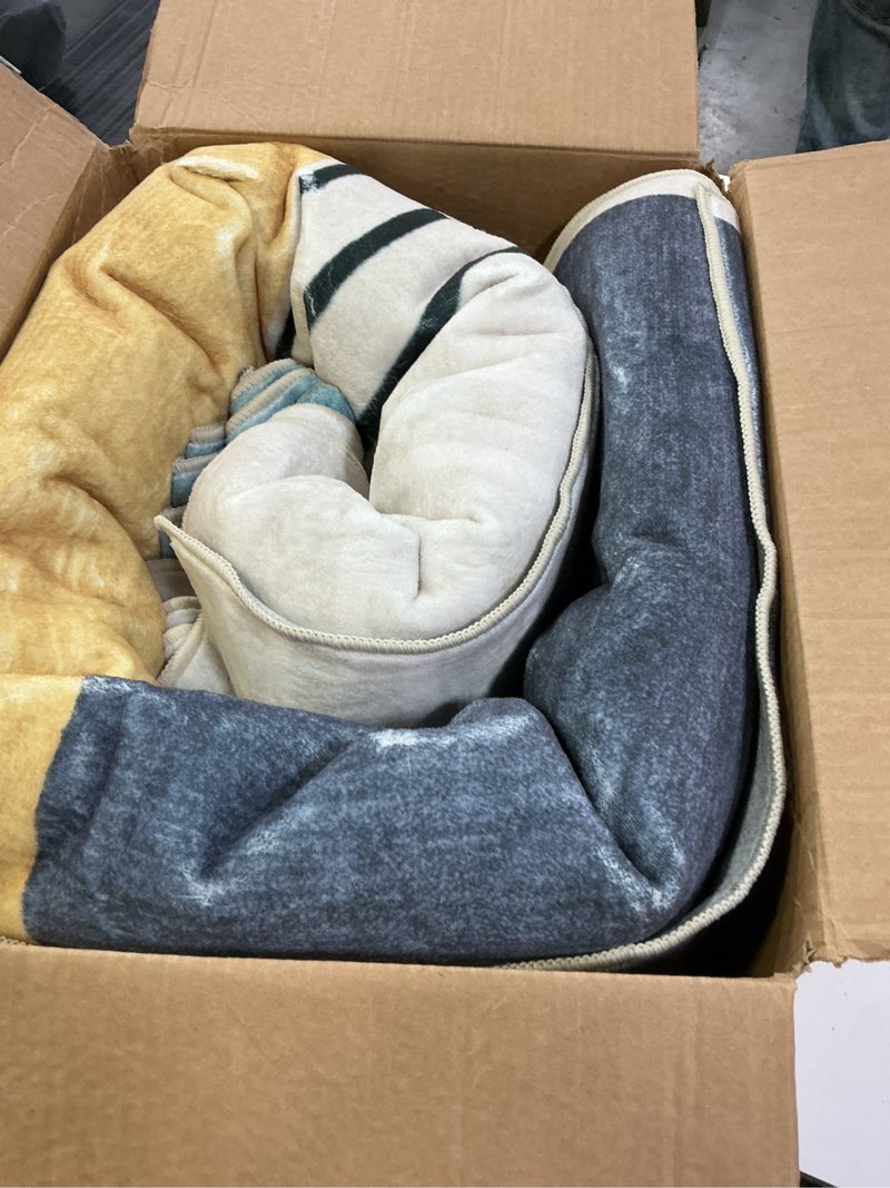 Condition photo showing As Is for DCX Machine Washable 6x9 Area Rug, Midcentury Modern Non Slip Stain Resistant Rug 6x9 for Living Room, Playroom, Dining Room, Soft 0.25" Low Pile Large Carpet, Blue & Yellow 6' x 9' (Rectangular) Yellow & Blue