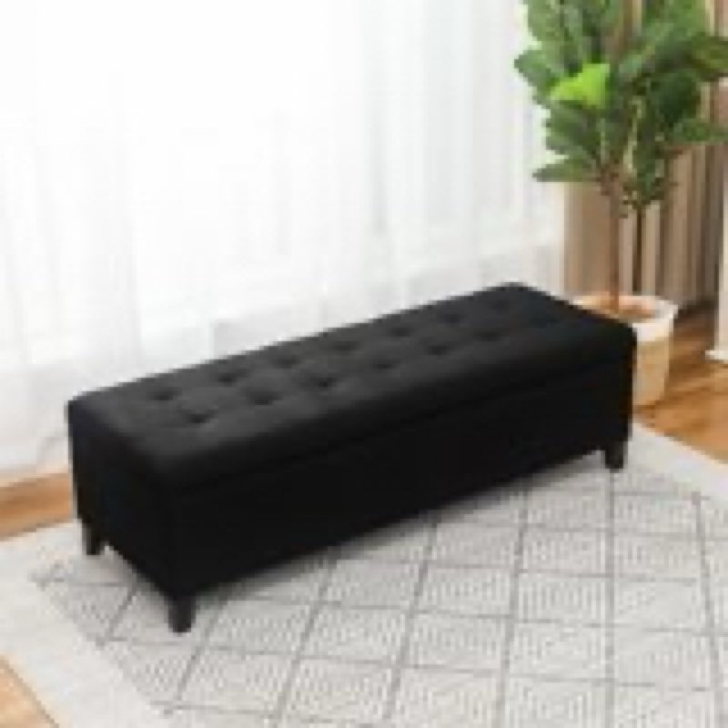 Adeco 50" Bonded Leather Storage Ottoman Bench Black-Linen-with-Black-Legs Linen,Wood Large Americana,Modern & Contemporary Linen