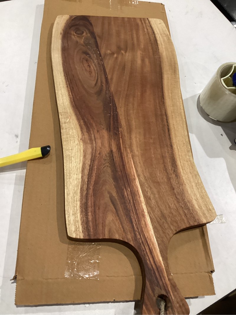 Condition photo showing Good Condition for Acacia Charcuterie Board with Natural Live Edge & Handle - Wood Cheese Board - Decorative Wooden Serving & Cutting Board - Housewarming, Mothers Day, New Home & Wedding Gifts (XL - 24” x 10”) 24"L x 10"W
