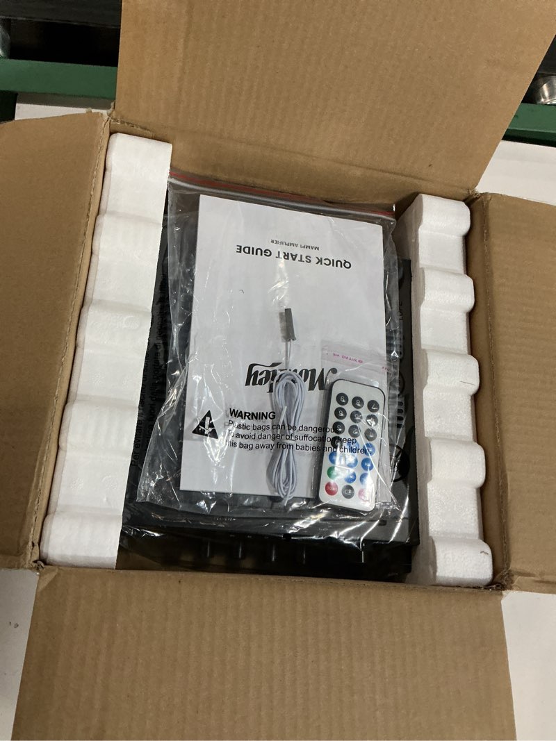 Condition photo showing New/Like New for moukey stereo receivers with bluetooth 5.0, 2.0 channel power audio amplifier stereo system w/usb, sd, aux, rca, mic in w/echo, led for karaoke, home theater speakers, 400w peak, 25w× 2 rms- mamp1