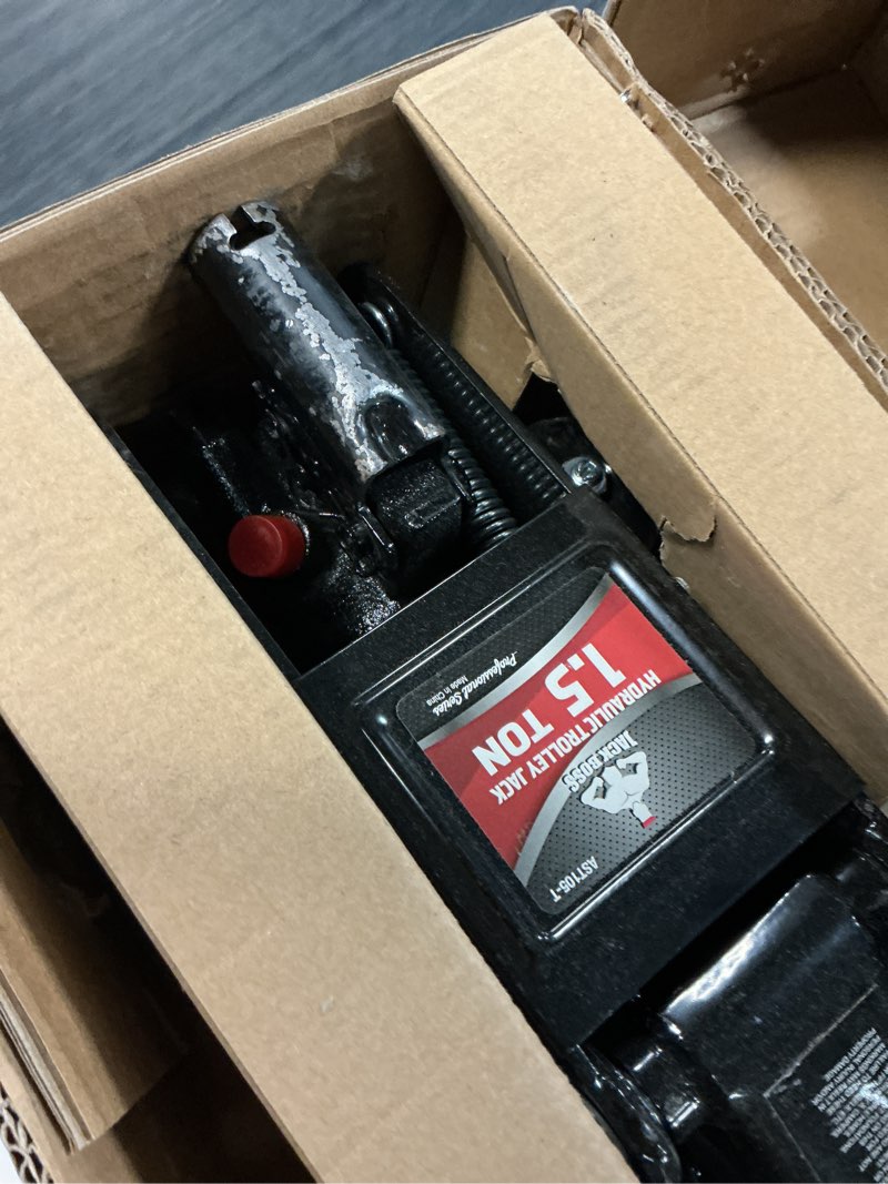 Condition photo showing As Is for floor jack 1.5 ton (3,000 lbs) hydraulic car jack, lifting range from 5.1 inch to 12.6 inch, fits sedans automotive black 1.5 ton black