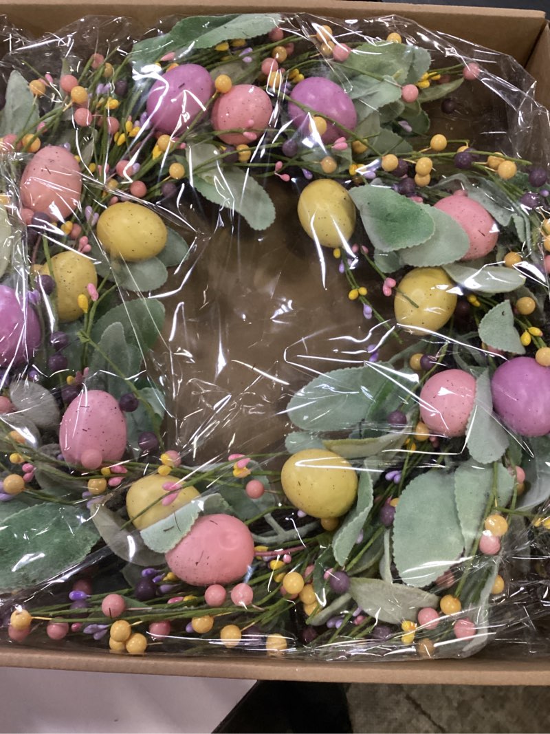 Condition photo showing New/Like New for bibelot 20 inch spring easter colorful eggs eucalyptus leaves for front door, eggs berries wreath with artificial green leaves for inside and outside, summer spring home decor wreath