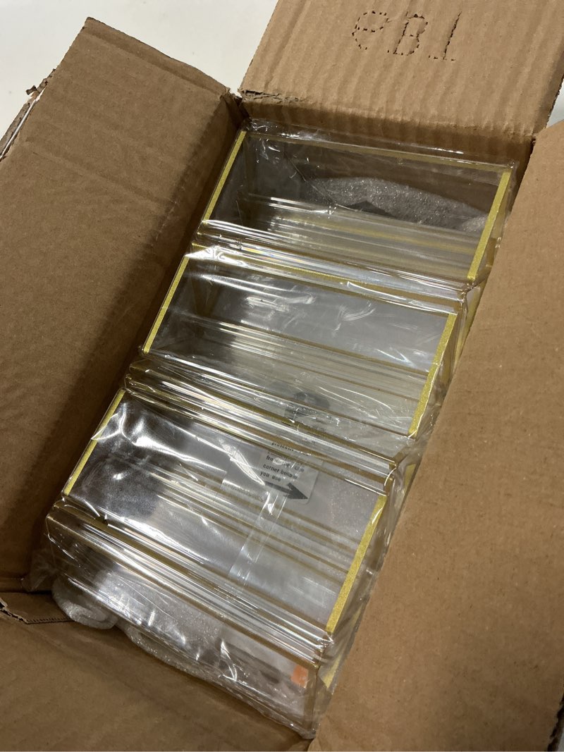 Condition photo showing New/Like New for floroom 6 pack 5x7 inch clear acrylic sign holders, double-sided gold display stand picture frames for table numbers, menus, flyers, weddings, and offices gold 5" x 7"- 6 pack