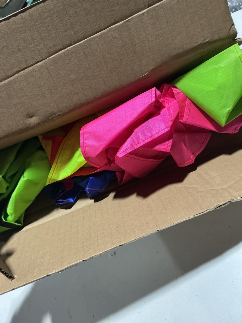 Condition photo showing As Is for beach kites for adults large with long tail, 98 inches super easy flyer 3d rainbow box kites, comes with two 49 feet multi colors tails, 300 ft kite string & handle multi-color radar kite