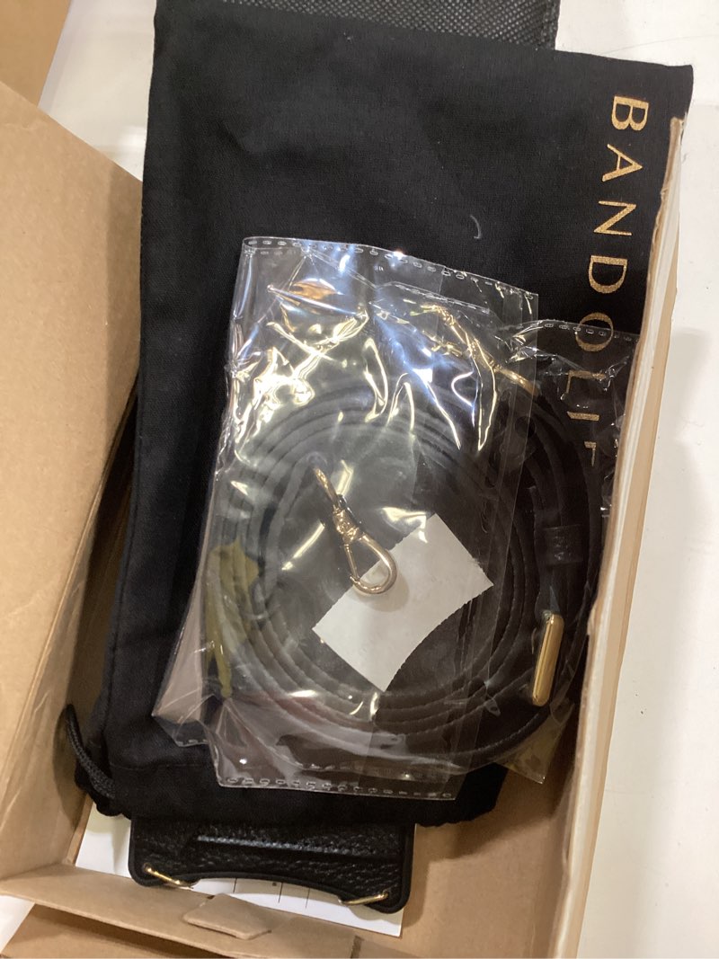 Condition photo showing Good Condition for bandolier hailey crossbody wallet phone case for iphone 16 pro max. 100% genuine pebble leather with gold hardware. adjustable & removable strap. expandable flip card holder. black with gold iphone 16 pro max black/gold