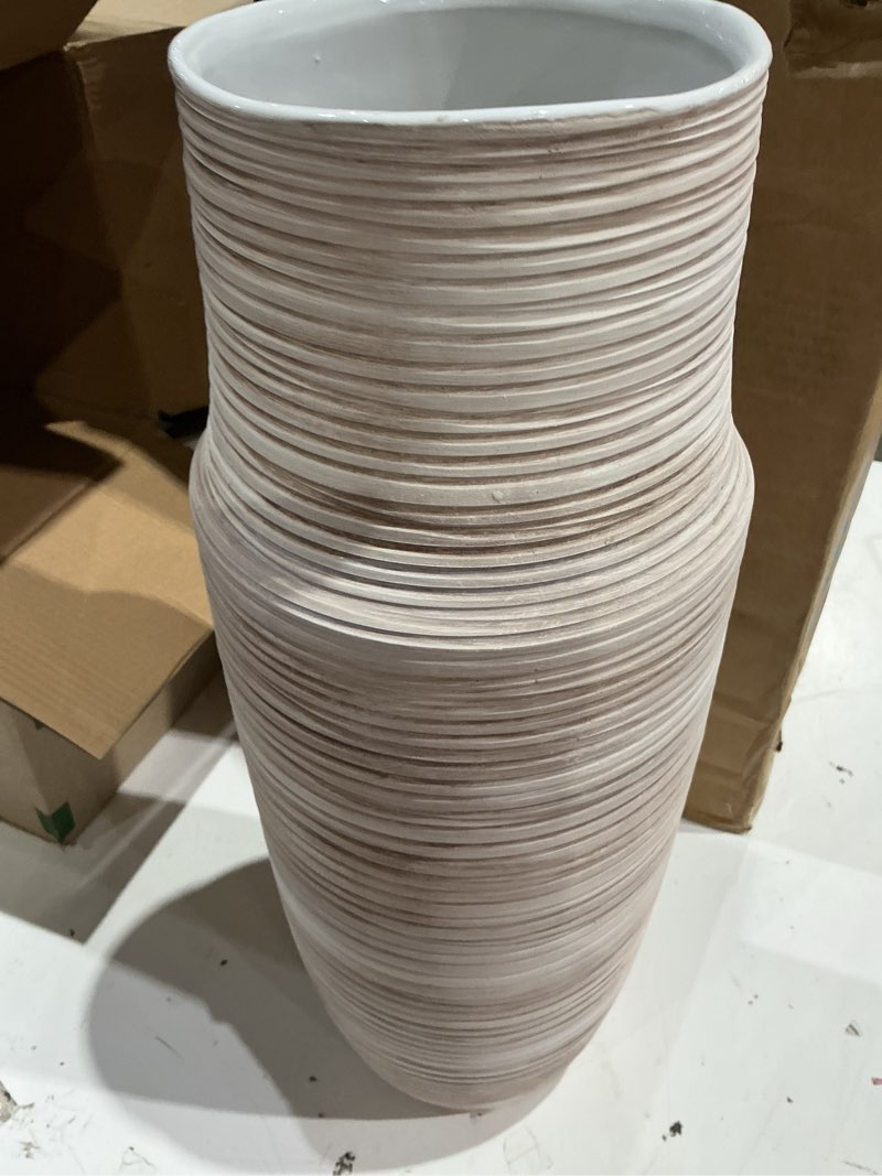 Condition photo showing As Is for alma 13" white tall ceramic vase, modern pampas grass vase home docer | flower vase with a brown & beige finish, boho vase for mantel, tabletop, bedroom, shelf, wedding & housewarming gift cylindrical-white-13''