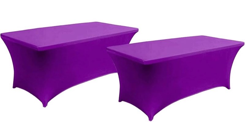 6FT Spandex Table Cover Table Cloth for Folding Tables Fitted Rectangular Tablecover Washable Wrinkle Resistant Polyester Stretch Tablecloth Protector for Wedding Banquet Party (2-Pack, Purple)
