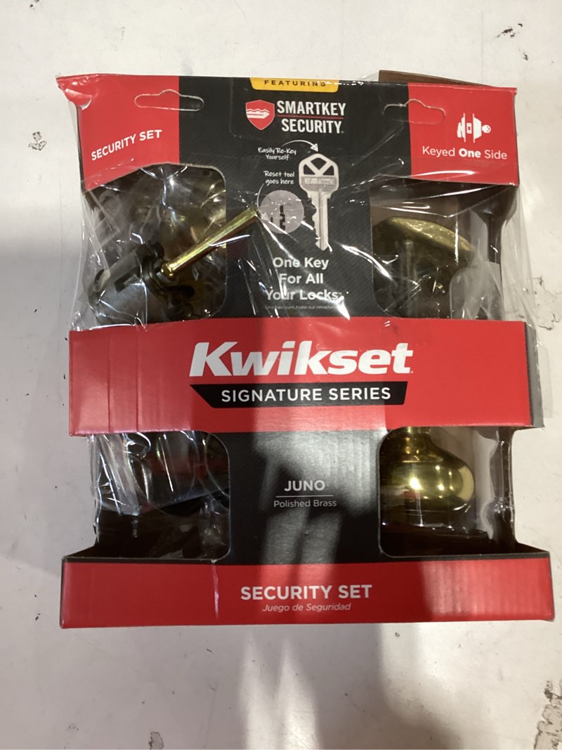 Condition photo showing As Is for kwikset signature series juno polished brass exterior single-cylinder deadbolt and keyed entry