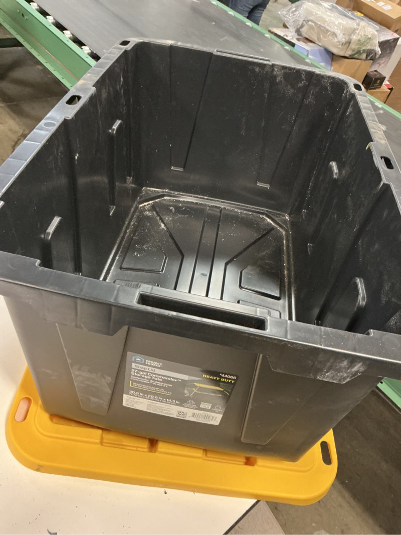 Condition photo showing As Is for project source commander large 27-gallon s (108-quart) black heavy duty tote with standard snap lid