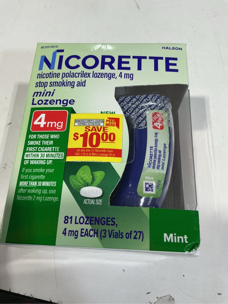 Condition photo showing New/Like New for nicorette mini nicotine lozenges to stop smoking, mint flavor, 4 mg - 81 count