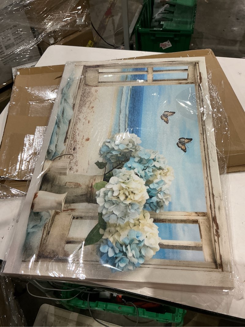 Condition photo showing Good Condition for vintage ocean view window canvas wall art, high-resolution print with fresh blue and white hydrangeas and butterflies, rustic style decor for bathroom, bedroom, office framed 16"x24" 24"l x 16"w beach flower-1