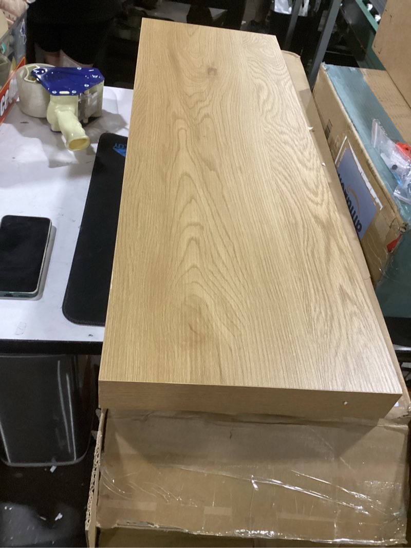 Condition photo showing Good Condition for (similar qty 2) 12\\\" deep floating shelves, 36 x 12 inch wall mounted long floating shelf with invisible brackets, for home decor, bedroom, kitchen, living room, bathroom - 1 pack, oak 36\\\"w x 12\\\"d x 2\\\"h, set of 1 oak, 12\\\"deep