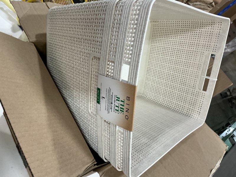Condition photo showing New/Like New for bino woven plastic basket | large (natural), 3-pack | the jute collection | home organization, space-saving storage, stylish design | plastic storage basket natural 3pk- l