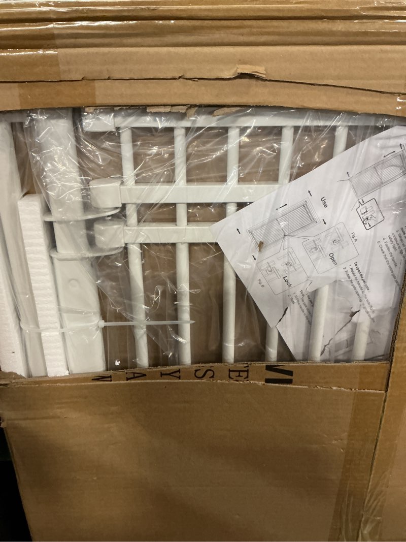 Condition photo showing Good Condition for 78.8" extra tall cat gate, 28.3-33" wide safety metal cat door, pressure mounted easy walk through pet gate with door for stairs, doorways, white 78.8" tall-white