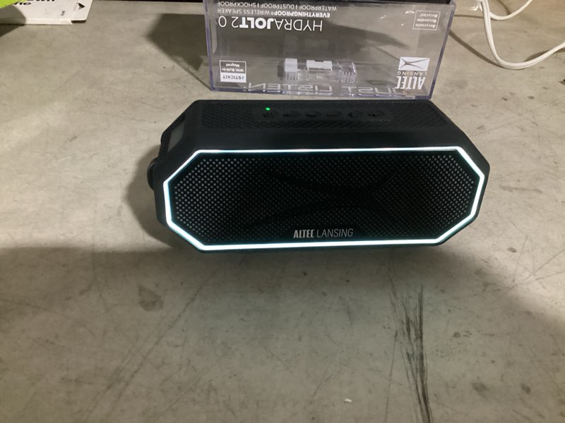Condition photo showing New/Like New for working verified altec lansing hydrajolt 2.0 everythingproof bluetooth portable speaker, black