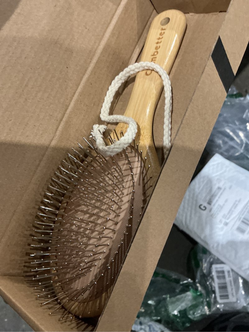 Condition photo showing Good Condition for bamboo hair brush, smoothing hair & massage scalp, detangling anti-static hairbrush, natural wood brush with metal bristles for women, men & children sharp teeth