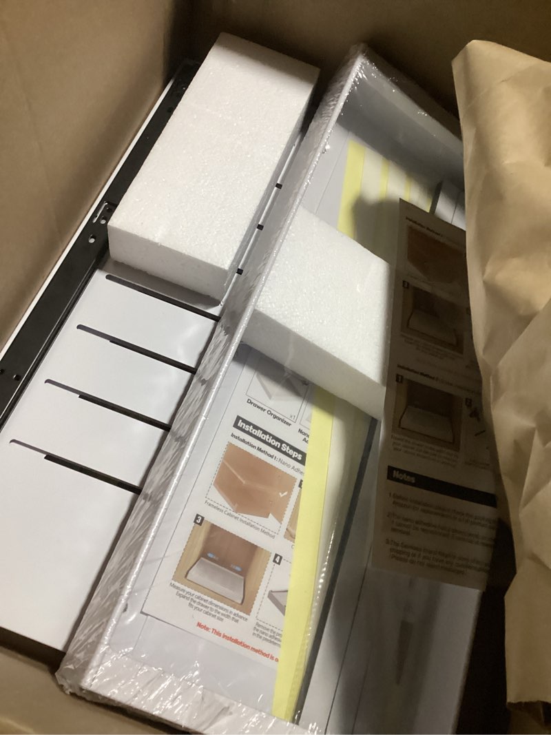 Condition photo showing Good Condition for 2 Pack Pull Out Cabinet Organizers 21" Deep With Raising Pad for Framed Cabinets, Expandable Width (9"-14") Slide Out Drawers Upgrade 3 Slide Rails, Roll Out Shelves Adhesive, White White 9"-14"Wide x 21"Deep(2 Pack)